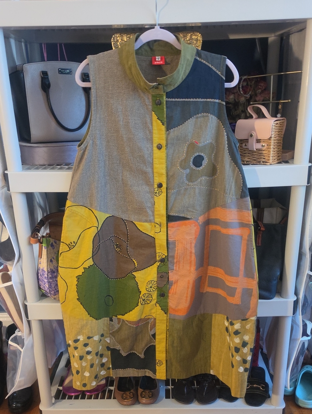 Yaza Kashur Sleeveless Avant~Garde Patchwork Midi Dress/Vest in Yellow & Green